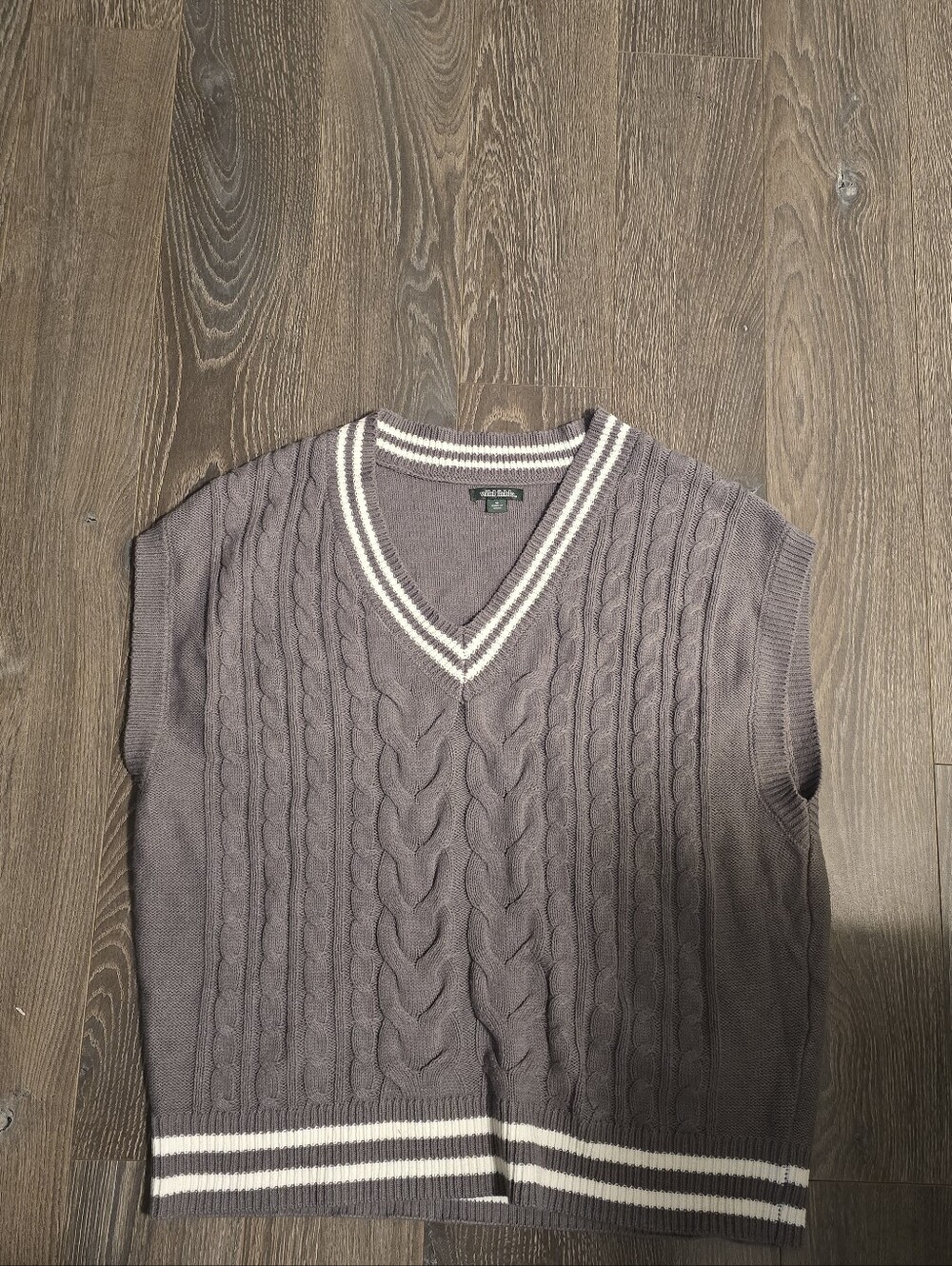 CableKnit V-Neck Sweater Vest in Gray with Striped Trim